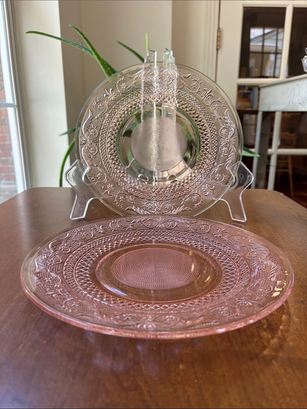 Vintage KIG Indonesia Pink Pressed Glass Plate In Fleur de Lis Trellis Pattern